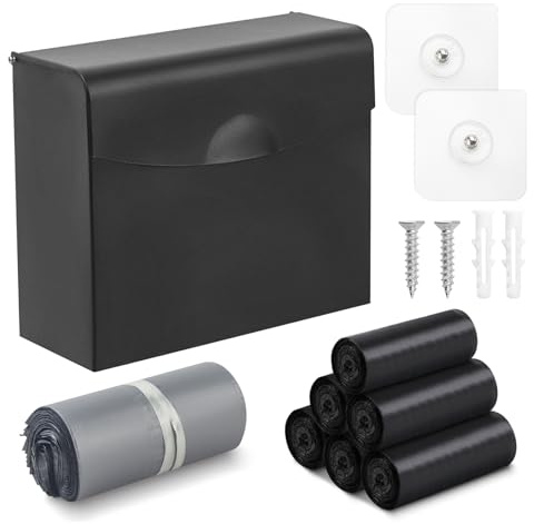 FAOEHN Sanitary Napkin Disposal Receptacle with Hygiene Disposal Bags and Trash Bag,9.4x7.8x3.5 inches Stainless Steel Wall Mounted Feminine Hygiene Disposal Trash Can Bin for Bathroom,Office (Black)