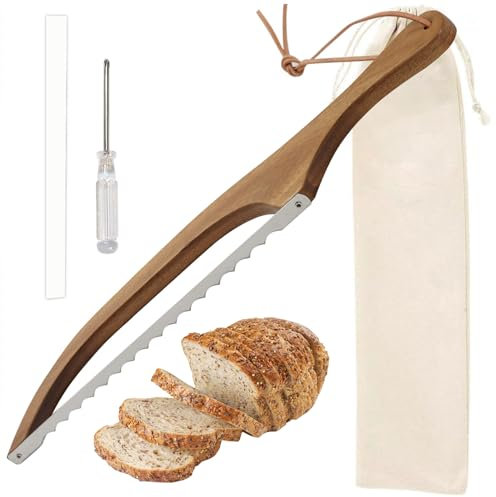 Nchdewui Bread Bow Cutter, Bread Slicer, Serrated Sourdough Bread Saw, Bread Cutting Tool with Wooden Handle for Homemade Bagels Bread Baguettes (A)