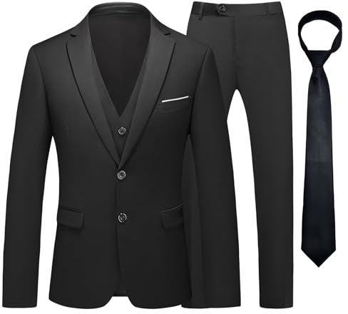 KUDMOL Herren Anzug 3 Stück Zwei Knöpfe Business Hochzeit Smoking Herren Anzug Jacke Weste Hose Set mit Krawatte（Schwarz,L