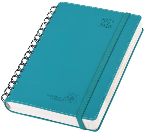 POPRUN Agenda 2025 2026 Dagsplanerare 21,5 x 14,5 cm, Aug'25 - Juli'26, 12 Månader, 1 Sida per Dag A5 Kalender, Skolkalender, Mjuk PU Läderomslag med Spiralbindning, Papper 80 gsm, Pacific Green