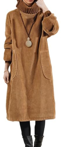 Robe d'hiver en velours côtelé épais à manches longues et col roulé avec poches pour femme, café, 3XL