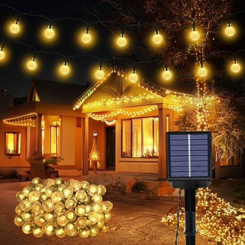 Solar Garden Lights Outdoor, 59Ft 100LED Solar String Lights, Waterproof Fairy Light with 8 Modes, Crystal Ball Decor for Easter, Yard, Parties(Memory Function+Warm White)