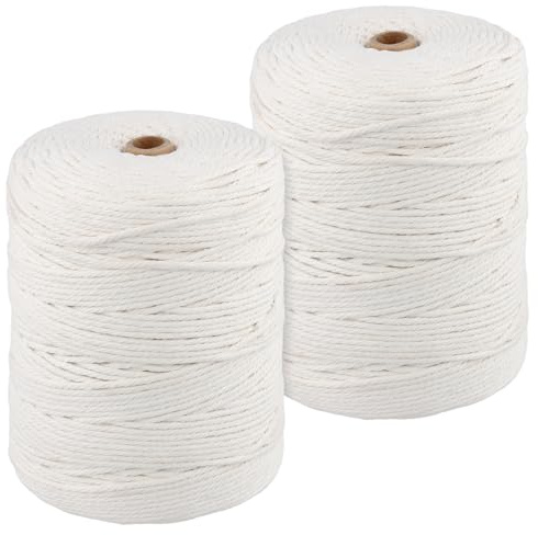 HEIYUET 2 stycken makramégarn i bomull, 3 mm x 300 m, vitt bomullsgarn, flätat bomullssnöre, bomullssnöre, för gör-det-själv hantverk, pyssel, stickning, bohodekoration