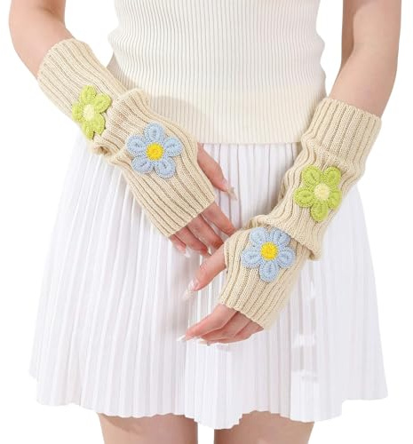 KANGDAWEI Cute Knitted Flower Arm Warmers, Kawaii Arm Warmers Y2K, Harajuku Fingerless Gloves for Women (Beige)
