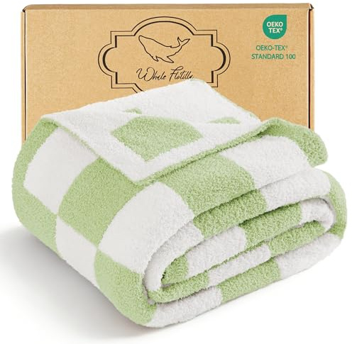 Whale Flotilla Manta Mullida de Punto con Patrón de Cuadros, Manta para Sofá y Cama Cálida y Suave para Todas Las Estaciones, 130 x 170 cm, Verde Claro