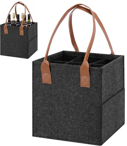 Mittimiya Portabotellas, bolsa de fieltro con mango de cuero, bolso plegable para hombre, para botella de vino, botellas de bebidas, botellas de agua, gris, 28 x 19 x 27cm, Moda