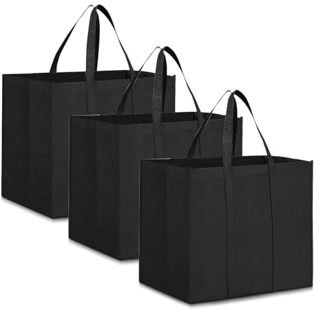 Svart shoppingväska vikbar 3 stycken återanvändbara matväskor, shoppingkassar med handtag, shoppingkorg, shoppingväska stor, bärväska för shopping picknick camping (41 x 33 x 26 cm)