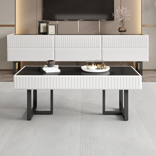 DUlVBPE Conjunto de muebles de mesa de café y TV de diseño moderno y minimalista, diseño de rayas blancas y negras, muebles de salón de lujo