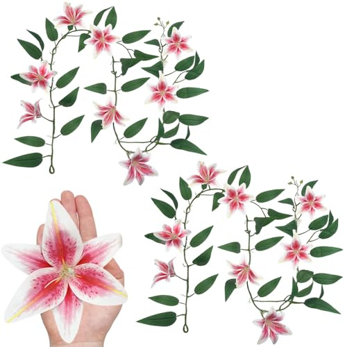 SNAIL GARDEN 2 Pack（14.6ft ） Fake Lilies Flower Vines, Pink Vines Lilies Flowers with 16 Heads, Flower Vines for Decoration ，Fake Flower Vines for Home, Garden, Table Centerpiece, DIY Wreath