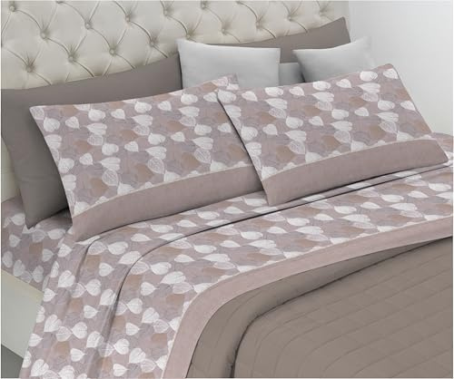 Riad Arredo Set Completo Letto in Flanella 100% Caldo Cotone Antipalline - Completo Lenzuola Morbide - Made In Italy (Foglie Beige, Matrimoniale)