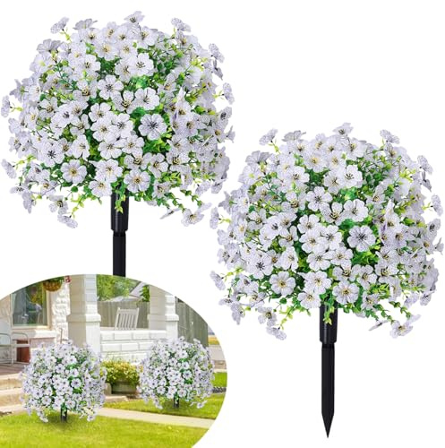 Fairblo 2 Piezas Bola de Boj Artificial 60 cm Plantas Artificiales Exterior con Flores Artificiales Resistentes UV Topiarios Artificiales Realista con Estaca para Deco Exterior Jardin Balcón, Blanco