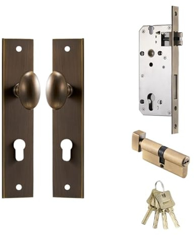 Brass Door Lock Set Modern Egg Shaped Knob Long Plate, Interior Lever for Bedroom & Bathroom Double Wooden Doors, Dummy Handles(AB)