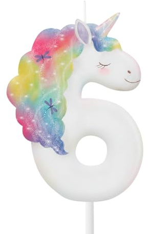 OH YEAH - Vela Número 6 Unicornio para Tartas - 6 cm - Vela Cumpleaños Infantil - Blanca con Melena y Cuerno Multicolor - Decoración Fiesta Unicornio
