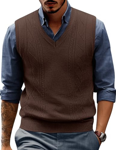Mens Sweaters Vests Classic Cable Knitted Casual Stretchy Vests for Hiking Coffee