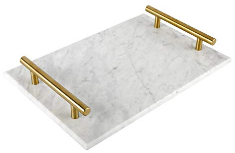 HighFree Marble Stone Decorative Tray, Handmade Nightstand Tray, Marble Platter Catchall Tray with Copper-Color Metal Handles for Counter, Vanity, Dresser, Nightstand and Desk (White)