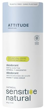 ATTITUDE Baking Soda Free Deodorant for Sensitive Skin with Oatmeal, EWG Verified, Aluminum Free, Plastic-Free, Unscented, 85 grams