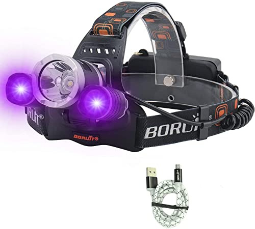 BORUIT Lampe frontale LED 5000 lumens rechargeable noire pour la pêche de nuit, la chasse au scorpion, les fuites d'huile et le CVC