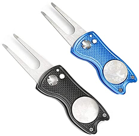 Haihaz,2 Piezas Golf Divot Tool,Tenedor de Campo de Golf,Pitch Fork Golf, arreglapiques Golf, Herramienta de reparación de Divot de Golf,con Botón Emergente y Marcador de Bola Magnética(Azul y Negro)