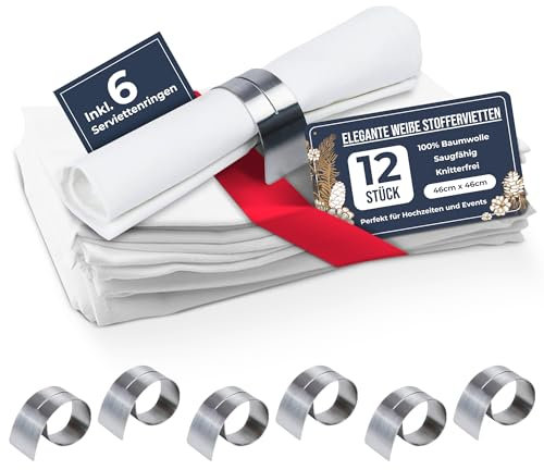 Amalindo Servilletas de tela blanca 100% algodón (12 unidades) – Servilletas de algodón sostenibles con servilletero – Servilletas de tela – 46 x 46 cm