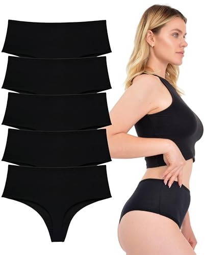 LadyMelex, Algodón - Tanga de Cintura Alta para Mujer - Paquete de 5 - Suave y Cómoda, Negro, XL
