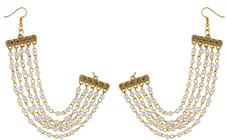 Jwellmart Indian Bollywood Oxidised Multiline Faux Pearl Ear Chains/Hair Chains for Earring Support Traditional Jewelry, M, Brass, No Gemstone
