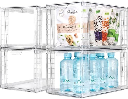Zero Zoo 4Pack Large Stackable Kitchen Storage Drawers, Clear Foods Organizer Bins with Handles, Easily Assemble for Bathroom, Kitchen, Pantry, Cabinet, Closet(XL-UP Handle)