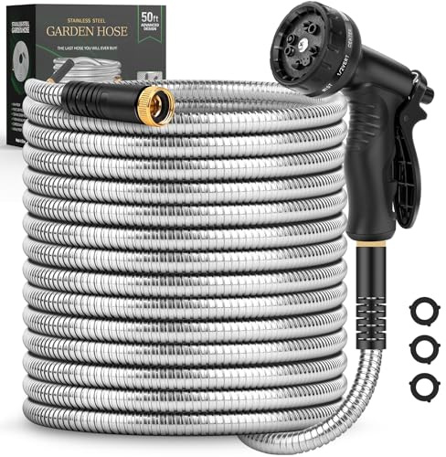 Garden Hose 50 FT, Metal Stainless Steel Water Hose with 10 Function Nozzles, No Kinks, Flexible Hose, Lightweight, Puncture Proof, Heavy Duty Hose for Yard and Outdoor