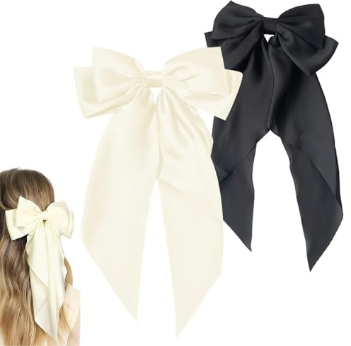 Siliget 2 Pcs Big Bow Hair Clips, Long Silky Satin Tail Hair Barrettes with Solid Color Large Bowknot Hairpin Hair Clip, Hair Bows for Girls, Women
