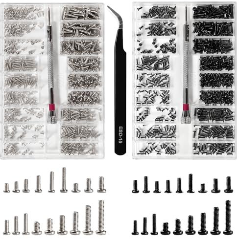 Lyeteung 1000 PCS M1.2/M1.4/M2 Tiny Micro Repair Screw Kit, Tiny Micro Screws Set, Electronic Repair Micro Screws, with Screwdriver and Tweezers, for Spectacles, Laptop, Watches, Silver, Black