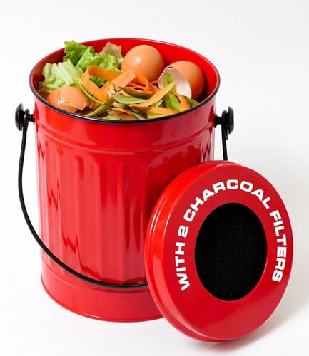 Plexon Countertop Compost Bin Kitchen with Lid, Red 1.5 Gallon Odorless Compost Container, Steel Food Compost Bucket for Kitchen with Charcoal Filter, Pail for Countertop