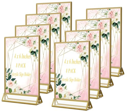 EKINIYAR 4x6 Acrylic Sign Holders 8 Pack Gold Table Number Holder for Wedding Picture Frame Stand Double Sided Table Menu Stands with Vertical Stand, Photos and Art Display