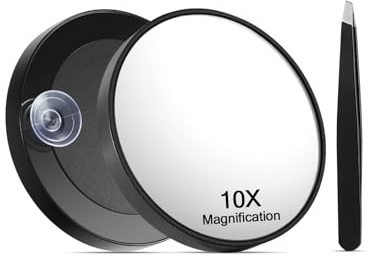 Macaki 10X Magnifying Mirror with Suction Cups and Tweezers Set, 3.5 inches Magnified Makeup Mirror, Black, 1PC