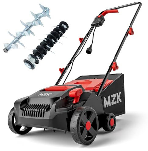 MZK 10-inch 2-in-1 Electric Dethatcher and Scarifier w/Removeable 4-Position Height Adjustment,Lawn dethatcher w/8-Gallon Thatch Collection Bag,Keep Lawn Health