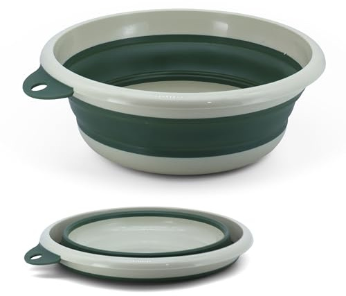 Emiyea Collapsible Wash Basin Set (2 Pack) - Round Portable Foldable Plastic Basins for Laundry, Travel, Camping - Small & Medium Sizes (Dark Green)