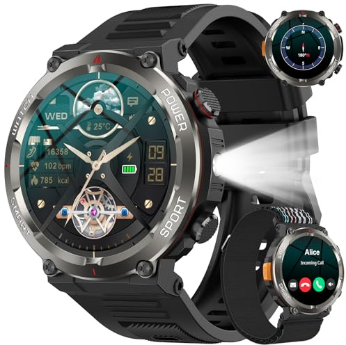 Baolubao Smartwatch Uomo, 1.45 Orologio Smartwatch con Torcia/Bussola Orologio intelligente con Effettua/Risposta, 120+Modalità Sportive, 2 Cinturini, IP68 Impermeabile Smart Watch per Android iOS