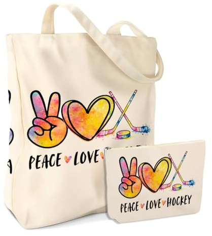Hockey Gifts for Women Teen Girl Coach Hockey Lover Team Colleague Teacher Bestie Volunteer Friend Birthday Christmas Thank You 2PCS Cosmetic Bags Canvas Tote Bag Beach Bag with Pocket Makeup Bags