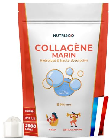 NUTRI & CO Collagene Marin Poudre Types 1, 2, 3 + Vitamine C, Breveté Naticol® & Cartydiss®, Peptides Hydrolysés 2000 DA, Format 90jrs 540g, Goût Neutre, Fabriqué en France
