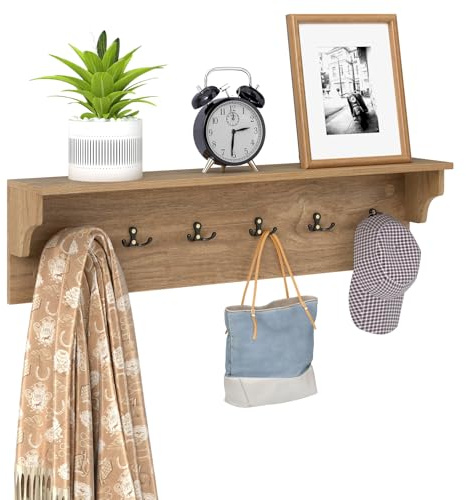 COSTWAY Porte-Manteau Mural 80 cm avec Étagère, Patere Murale Bois, 6 Crochets pour Chapeaux, Serviettes, Sacs, Meuble Entrée, Etagere Suspendue, pour Entrée, Salon, Chambre, Naturel