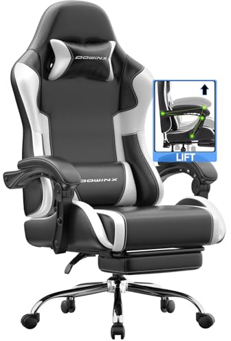 Dowinx Gaming Stuhl, Ergonomischer Chair, Gamer Sessel mit Fußstütze, 150KG Belastbarkeit Gamingstuhl mit Verstellbare Armlehnen, PC Computerstuhl Bürostuhl,Weiß