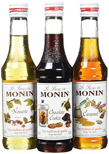 MONIN - Coffret Sirop MONIN Pour Café Saveurs Noisette/Caramel/Chocolat Cookie - Pour Café, Chocolat Chaud, Capuccino ou Latte - Arômes Naturels - Bouteille en Verre - 3 x 25 cl