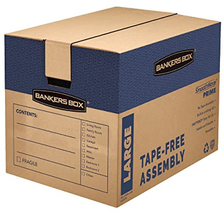 Bankers Box Large Prime Moving Box 6 Pack, Reinforced Handles, Tape-Free Assembly, Attached Lid, 18-in x 18-in x 24-in (0062904)