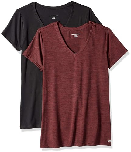 Amazon Essentials T-shirt Stretch et Quick Dry, Col en V et Manches Courtes (Disponible en Grande Taille) Femme, Lot de 2, Bordeaux Teinture Spatiale/Noir, L