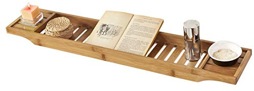SoBuy Bath Tray Shelf in Bamboo, 80cm Wooden Bathtub Caddy Rack for Large Bathtubs, Wine Glass Holder & Candle Slot, FRG212-N
