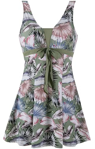 Wantdo Costume da Bagno Intero da Donna Plus Size con Stampa Floreale Costume da Bagno Sottile Gonna Copricostume per Mare e Spiaggia Stampa bambù 50-52