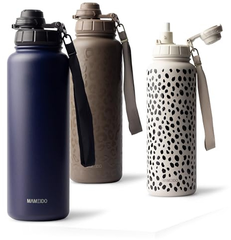 MAMEIDO Thermosflasche mit Strohhalm 700 ml, auslaufsichere Trinkflasche Edelstahl isoliert, Wasserflasche mit Trageschlaufe, Isolierflasche BPA-frei (Dark Night)