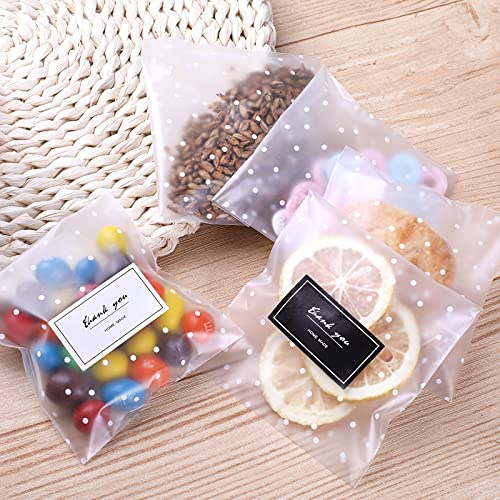 100pcs Self-Adhesive Cookie Packs - 10x10cm Wax Melt Bags with Stickers, Clear & Glassine Bags for Food - in White Plastic Polka Dots