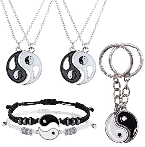 Yin Yang Collar Pulsera TAIZER 8PCS Colgante Tai Chi Pareja Pulseras Cordón Ajustable Rompecabezas Colgante Collar Cadena Negro Blanco Hombre Mujer Novio Novia Amistad Recuerdo San Valentín Regalo