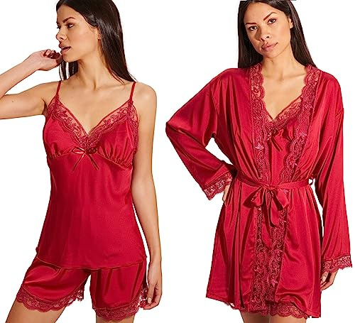 Laura in - Conjunto de Pijamas de Seda Satén para Mujer con Encaje. 5 Piezas, Bata, Camisón, Top, Pantalones y Cortos. Suave, Fluida, Elegante y Sedosa.RojoS1106