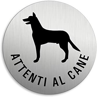 Targhetta per Porta - Attenti al cane Targa Ø 75 mm Alluminio spazzolato auto-adhesiva