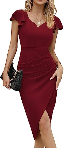 Missufe Cocktailklänning för damer, omlottklänning, festklänning, midiklänning, sommarklänning, elegant, bodycon, vintage, volangklänning, klänningar, vinröd, XXL